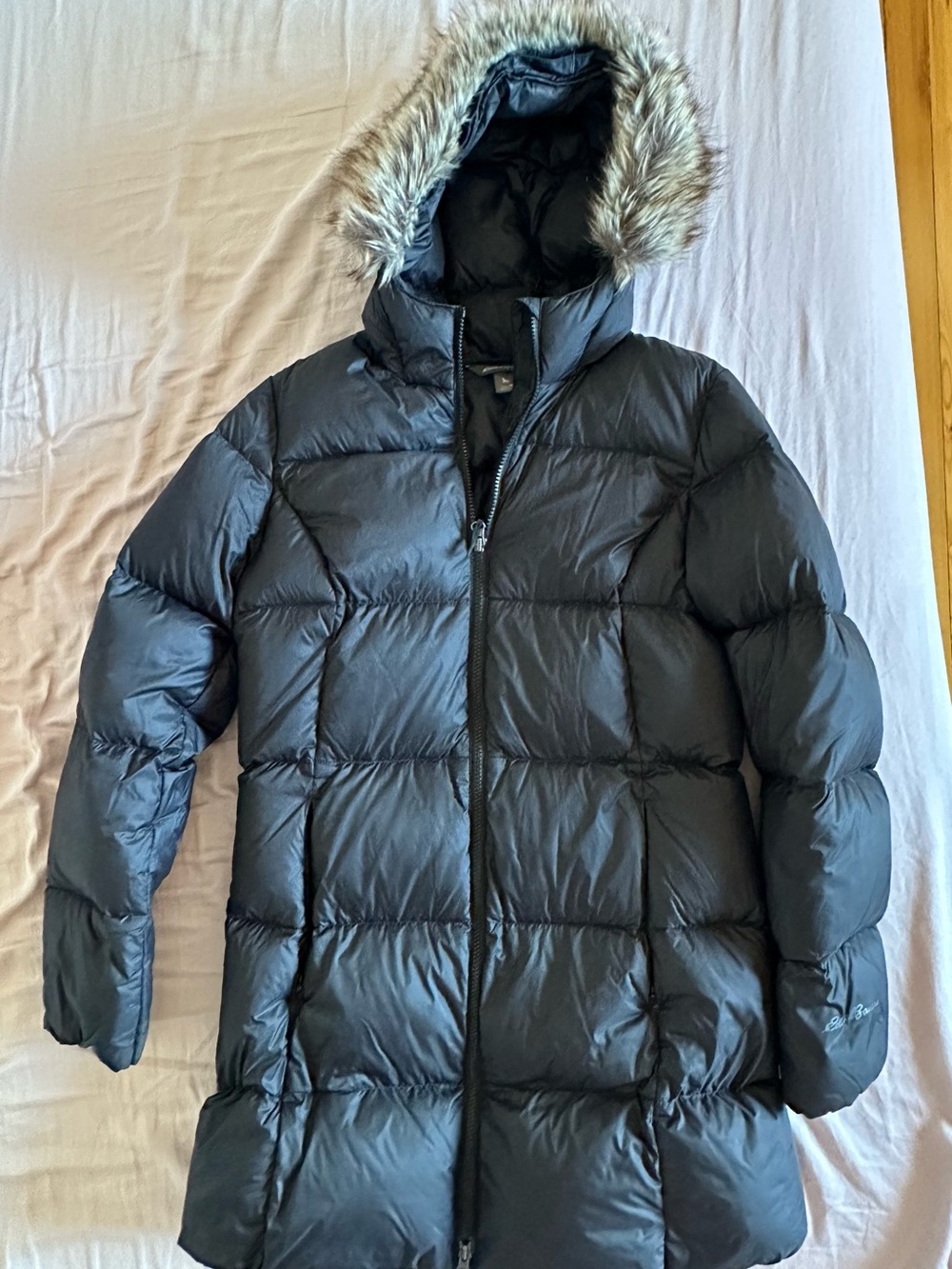 Eddie Bauer Black Quilted Puffer Jacket with Faux Fur Trim